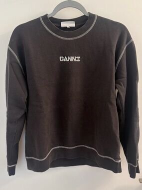 Ganni Black Crewneck with Contrast Stitching and Logo